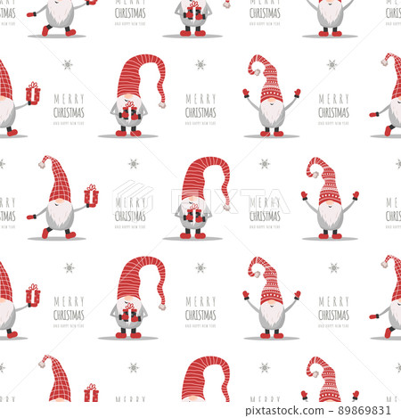 Christmas pattern with gnomes in red hats. Cute scandinavian elves. Vector illustration in cartoon style. New year design for wrapping paper, textiles, fabric 89869831