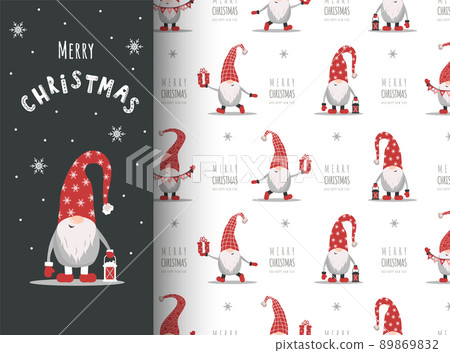 Christmas card with gnome in red hat. Cute scandinavian elves on seamless pattern. Vector illustration in cartoon style. New year design for wrapping paper, textiles, fabric 89869832