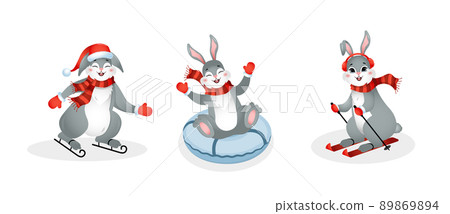 Cute bunny skiing, sledding, tubing, skating. Year of rabbit. Chinese New year 2023 symbol. Vector illustration in cartoon style. Design element for greeting cards, holiday banner, decor 89869894