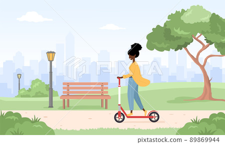 African woman riding kick scooter around city. Spring or summer landscape. Happy young girl at park. Sports and leisure outdoor activity. Eco transport. Vector illustration in flat cartoon style African woman riding kick scooter around city. Spring or summer landscape. Happy young girl at park. Sports and leisure outdoor activity. Eco transport. Vector illustration in flat cartoon style 89869944