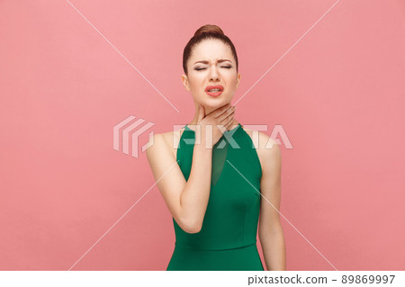 Woamn allergic, have medical problem with grippe. Expression emotion and feelings concept. Studio shot, isolated on pink background Woamn allergic, have medical problem with grippe. Expression emotion and feelings concept. Studio shot, isolated on pink background 89869997