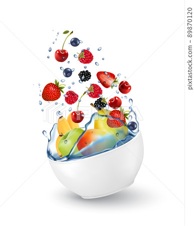 Colorful fresh fruit falling into the water splash. Vector illustration Colorful fresh fruit falling into the water splash. Vector illustration 89870120