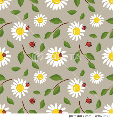 Bright seamless pattern with daisies, ladybug and leaves on brown background. Cute spring or summer print with flowers and insects. Vector flat illustration for textile, wrapping paper and design. Bright seamless pattern with daisies, ladybug and leaves on brown background. Cute spring or summer print with flowers and insects. Vector flat illustration for textile, wrapping paper and design. 89870478
