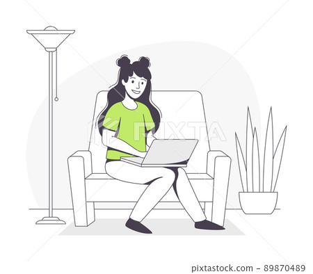 Freelance Remote Work with Young Woman Sitting on Armchair with Laptop at Home Outline Vector Illustration Freelance Remote Work with Young Woman Sitting on Armchair with Laptop at Home Outline Vector Illustration 89870489