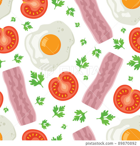 Fried egg, bacon, tomato and parsley. Seamless pattern with fried egg. Pattern with food a white background. 89870892