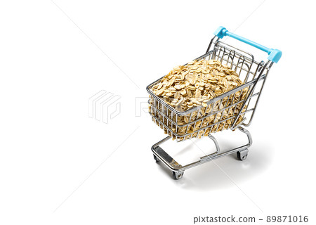 Shopping cart full of oats flakes. supermarket trolley with golden oats flakes on white Background. Healthy food. Shopping cart full of oats flakes. supermarket trolley with golden oats flakes on white Background. Healthy food. 89871016