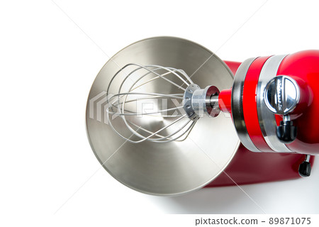 Stylish Red Kitchen Mixer With Clipping Path Isolated On White Background. Professional steel electric mixer with Metal Whisk Stylish Red Kitchen Mixer With Clipping Path Isolated On White Background. Professional steel electric mixer with Metal Whisk 89871075