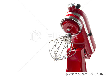 Stylish Red Kitchen Mixer With Clipping Path Isolated On White Background. Professional steel electric mixer with Metal Whisk Stylish Red Kitchen Mixer With Clipping Path Isolated On White Background. Professional steel electric mixer with Metal Whisk 89871076