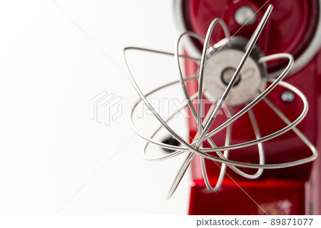 Stylish Red Kitchen Mixer With Clipping Path Isolated On White Background. Professional steel electric mixer with Metal Whisk Stylish Red Kitchen Mixer With Clipping Path Isolated On White Background. Professional steel electric mixer with Metal Whisk 89871077