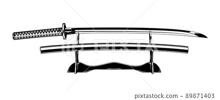 Vintage monochrome illustration of a Japanese sword with a scabbard on a stand. Isolated vector template 89871403