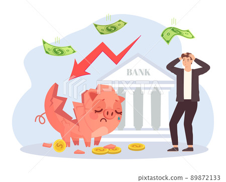 World financial crisis. Man in panic looking at broken piggy bank. Economy collapse and bankruptcy concept World financial crisis. Man in panic looking at broken piggy bank. Economy collapse and bankruptcy concept 89872133