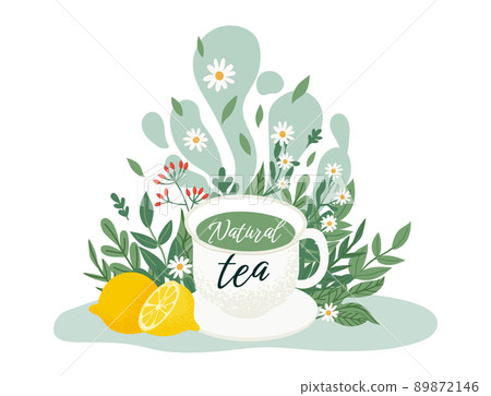 Tea drink concept. White cup with organic tea. Cartoon mug with herbs and chamomile and lemon. Breakfast time Tea drink concept. White cup with organic tea. Cartoon mug with herbs and chamomile and lemon. Breakfast time 89872146