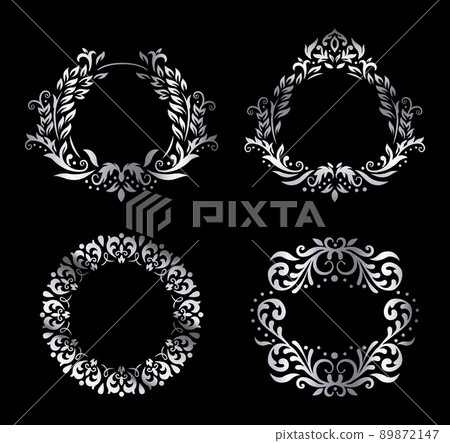 Silver vintage premium framing. Luxury round borders with swirls and natural leaves Silver vintage premium framing. Luxury round borders with swirls and natural leaves 89872147