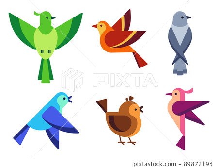 Flat colorful birds with wings. Bright flying characters with feathers in wildlife. Small singing pigeons and sparrows 89872193