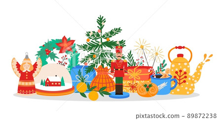 Christmas concept. Celebrating winter season holiday with decorated fir tree, gift boxes, wreath, tea and toys. Traditional xmas attributes 89872238