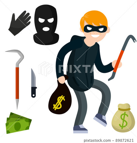 Thief with crowbar. Man offender sneaks. Cartoon flat illustration. Criminal problem. Male robber in black with mask. Set of object - bag, money, knife 89872621