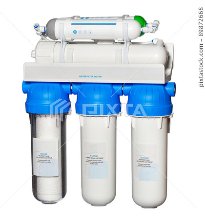 Reverse osmosis water filter system. Isolated on white background. Reverse osmosis water filter system. Isolated on white background. 89872668