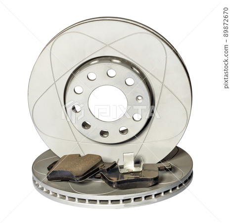 Brake discs and pads for cars. Isolated on white background. Brake discs and pads for cars. Isolated on white background. 89872670