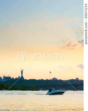 Dnipro river Paton bridge Kyiv Dnipro river Paton bridge Kyiv 89873254
