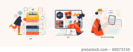 Technology Memphis -modern flat vector concept digital illustration on CRM - Customer relationship management, NFT - Non-fungible token, Agriculture Technology. Creative landing web page illustration 89873530