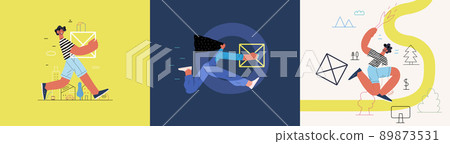 Startup illustrations set. Flat line vector modern concept illustration of people, startup metaphor. Concept of building new business, planning, strategy, teamwork and management. Company processes 89873531