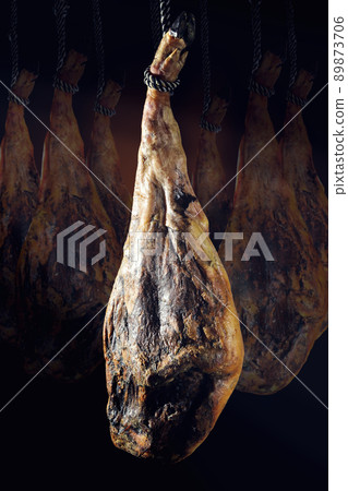 Dry Spanish ham, Jamon Serrano, Bellota, Italian Prosciutto Crudo or Parma ham. 89873706