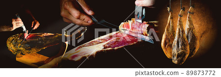 Dry Spanish ham, Jamon Serrano, Bellota, Italian Prosciutto Crudo or Parma ham. Dry Spanish ham, Jamon Serrano, Bellota, Italian Prosciutto Crudo or Parma ham. 89873772