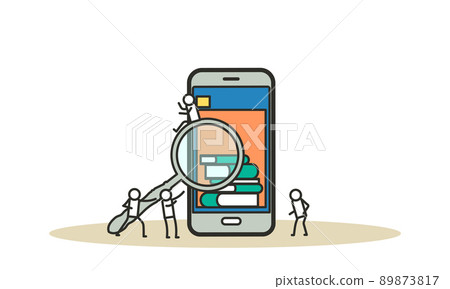 Online book library vector illustration concept with people. Education with phone or computer. Digital knowledge study. App learning banner technology background. Reading bookshelf in bookstore Online book library vector illustration concept with people. Education with phone or computer. Digital knowledge study. App learning banner technology background. Reading bookshelf in bookstore 89873817