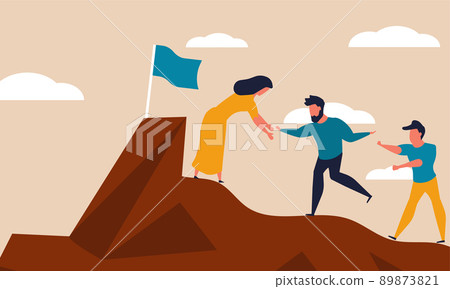 Employee mountain help and risk climbing. Leadership motivation and opportunity cooperation vector illustration concept. Friendship helping and assistance group people. Teamwork target and strategy Employee mountain help and risk climbing. Leadership motivation and opportunity cooperation vector illustration concept. Friendship helping and assistance group people. Teamwork target and strategy 89873821