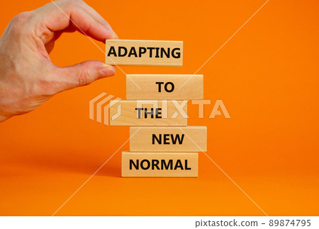Adapting to the new normal symbol. Wooden blocks with words Adapting to the new normal on beautiful orange background, copy space. Businessman hand. Business, new normal concept. 89874795
