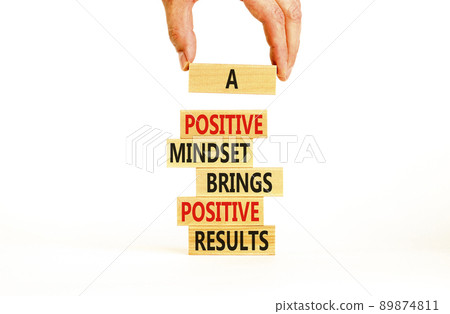 Positive mindset symbol. Wood blocks with words A positive mindset brings positive results. Beautiful white background Businessman hand. Business motivational positive mindset concept. Copy space. 89874811