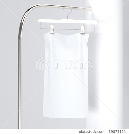 White fabric hanging on a hanger. Mockup, 3D render, 3D illustration White fabric hanging on a hanger. Mockup, 3D render, 3D illustration 89875111