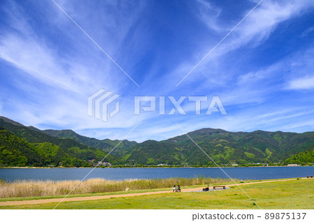 (Yamanashi Prefecture) Mountains of Misaka seen from Lake Kawaguchi / Yagizaki Park in spring 89875137