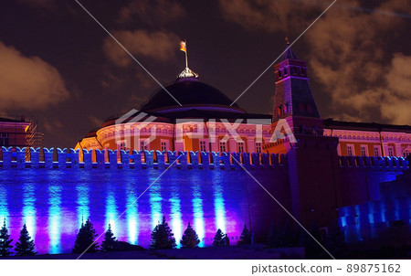 The Senate Palace and the wall of the Moscow Kremlin, illuminated during the light show. The Senate Palace and the wall of the Moscow Kremlin, illuminated during the light show. 89875162