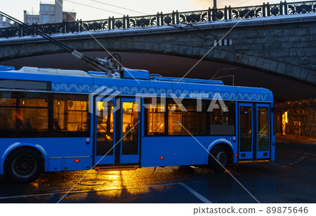 Blue bus on a street in Moscow. Blue bus on a street in Moscow. 89875646