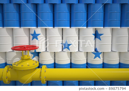 Gas pipe and barrels with petrochemicals with flag of Honduras. Petroleum industry related 3d rendering Gas pipe and barrels with petrochemicals with flag of Honduras. Petroleum industry related 3d rendering 89875794