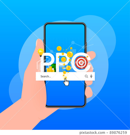 Cartoon illustration on blue backdrop. Abstract ppc for marketing advertising design. Isometric illustration 89876259