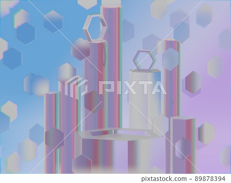 Creative background with hexagonal and cylindrical shapes, pearl and glassmorphism effect textures, violet - magenta - blue - very peri color gradient, 3D rendering 89878394
