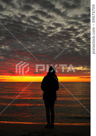 A Young Adolescent Girl Looks up in Awe, Wonder, and Admiration at a Magnificent Sunset Sky A Young Adolescent Girl Looks up in Awe, Wonder, and Admiration at a Magnificent Sunset Sky 89878709