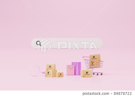 Carton paper box with shopping cart and magnifying glass on pink background with search bar Carton paper box with shopping cart and magnifying glass on pink background with search bar 89878722