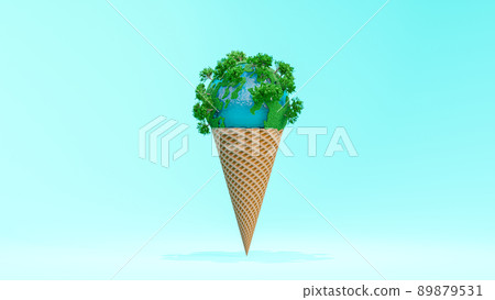 Globe full of grass on ice cream cone. on Blue background. Global warming and minimal idea concept. Globe full of grass on ice cream cone. on Blue background. Global warming and minimal idea concept. 89879531