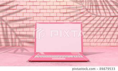 Pink laptop with decoration minimal. Shadow from tree and window on brick wall. Mock-up computer. Pink laptop with decoration minimal. Shadow from tree and window on brick wall. Mock-up computer. 89879533