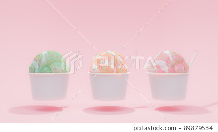 Ice cream Pink, orange, green pastel color in white cup on pink background. light from above. Ice cream Pink, orange, green pastel color in white cup on pink background. light from above. 89879534