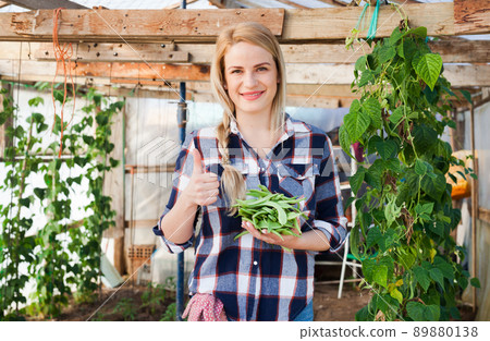 Young woman gardener standing with harvest of soybeans 89880138