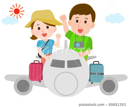 暑假期間在飛機上旅行的男人和女人的插圖 89881383