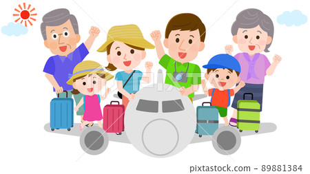 三代家庭乘飛機旅行的暑假圖解 89881384