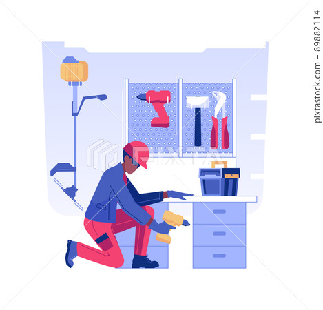 Garage maintenance isolated concept vector illustration. Contractors install storage racks, organization and cleaning in garage, overhead storage, property maintenance service vector concept. Garage maintenance isolated concept vector illustration. Contractors install storage racks, organization and cleaning in garage, overhead storage, property maintenance service vector concept. 89882114