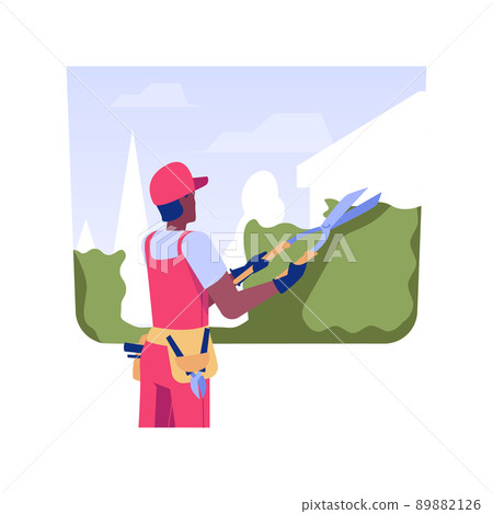 Gardener service isolated concept vector illustration. Gardener cuts plant, trimming process, mold removal, backyard maintenance service, remediation in horticulture vector concept. Gardener service isolated concept vector illustration. Gardener cuts plant, trimming process, mold removal, backyard maintenance service, remediation in horticulture vector concept. 89882126