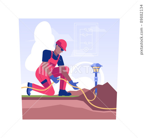 Laying out outdoor lighting isolated concept vector illustration. Contractor laying wires for outdoor landscape lighting, exterior works, bury the electrical cable vector concept. 89882134