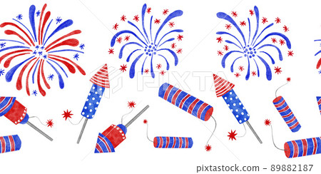 Watercolor seamless hand drawn horizontal border with 4th of July fireworks fire crackers, Fouth of july patriotic American design with party elements in blue red white colors. US celebration print 89882187